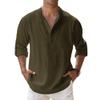 Maiyifu-GJ Men's Linen Cotton Henley Shirt Casual Roll-Up Long Sleeve Basic Shirt Band Collar Plain Blouse Tee (XX-Large,Army Green 2) view 1