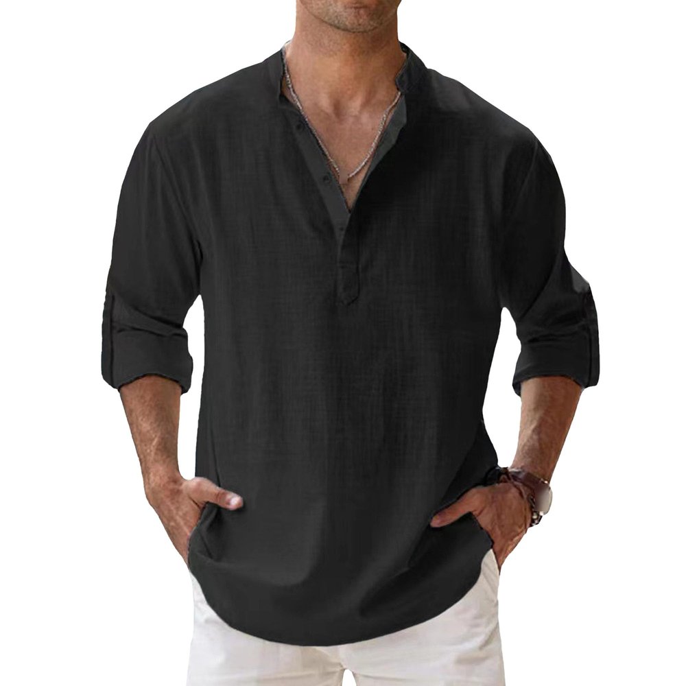 Maiyifu-GJ Men's Linen Cotton Henley Shirt Casual Roll-Up Long Sleeve Basic Shirt Band Collar Plain Blouse Tee (3X-Large,Black)