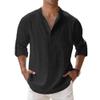Maiyifu-GJ Men's Linen Cotton Henley Shirt Casual Roll-Up Long Sleeve Basic Shirt Band Collar Plain Blouse Tee (3X-Large,Black) view 1