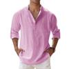Maiyifu-GJ Men's Linen Cotton Henley Shirt Casual Roll-Up Long Sleeve Basic Shirt Band Collar Plain Blouse Tee (4X-Large,Pink) view 1