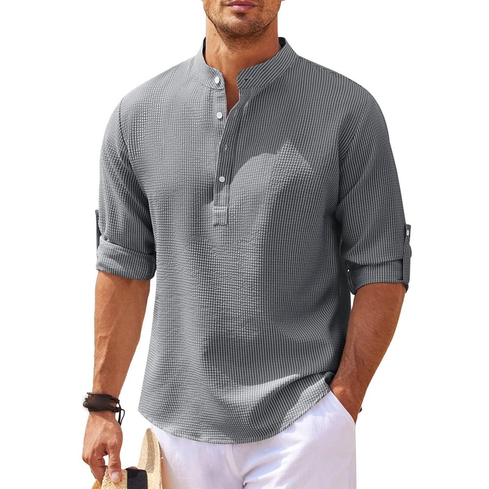 Maiyifu-GJ Men'a Casual Henley Shirts Band Collar Long Sleeve Beach Hippie T Shirts Business Striped Shirts (3X-Large,Dark Gray 2)