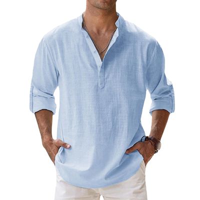 Maiyifu-GJ Men's Linen Cotton Henley Shirt Casual Roll-Up Long Sleeve Basic Shirt Band Collar Plain Blouse Tee (XX-Large,Light Blue 1)