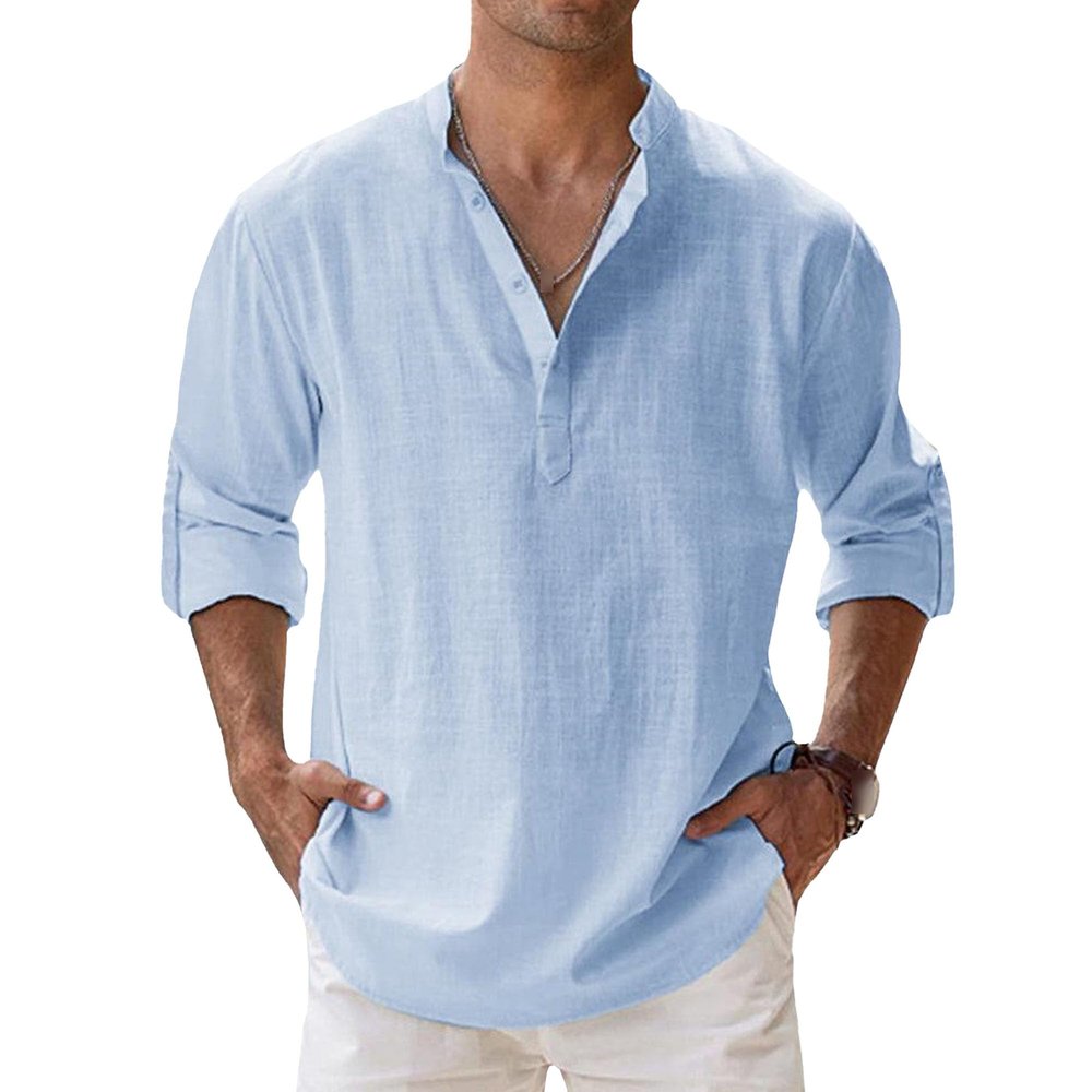 Maiyifu-GJ Men's Linen Cotton Henley Shirt Casual Roll-Up Long Sleeve Basic Shirt Band Collar Plain Blouse Tee (XX-Large,Light Blue 1)