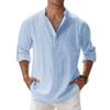 Maiyifu-GJ Men's Linen Cotton Henley Shirt Casual Roll-Up Long Sleeve Basic Shirt Band Collar Plain Blouse Tee (XX-Large,Light Blue 1) view 1