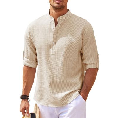Maiyifu-GJ Men'a Casual Henley Shirts Band Collar Long Sleeve Beach Hippie T Shirts Business Striped Shirts (3X-Large,Khaki)