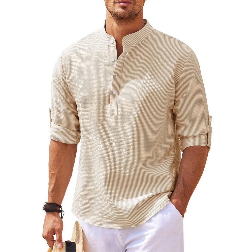 Maiyifu-GJ Men'a Casual Henley Shirts Band Collar Long Sleeve Beach Hippie T Shirts Business Striped Shirts (3X-Large,Khaki)