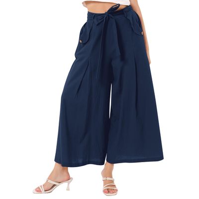 ABEWIP Flowy Pants for Women Elastic High Waist Casual Wide Leg Long Palazzo Linen Black Boho Pants with Pockets Blue XL