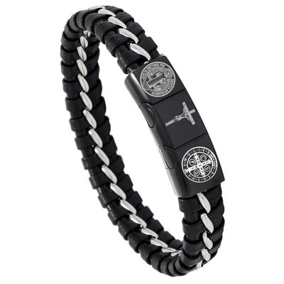 YLYYJ St. Benedict Crucifix Bracelet, 8'' / 8.8'', Handmade Religious Jewelry for Men, Cuff Bracelet with Exorcism Design, Stainless Steel, Black