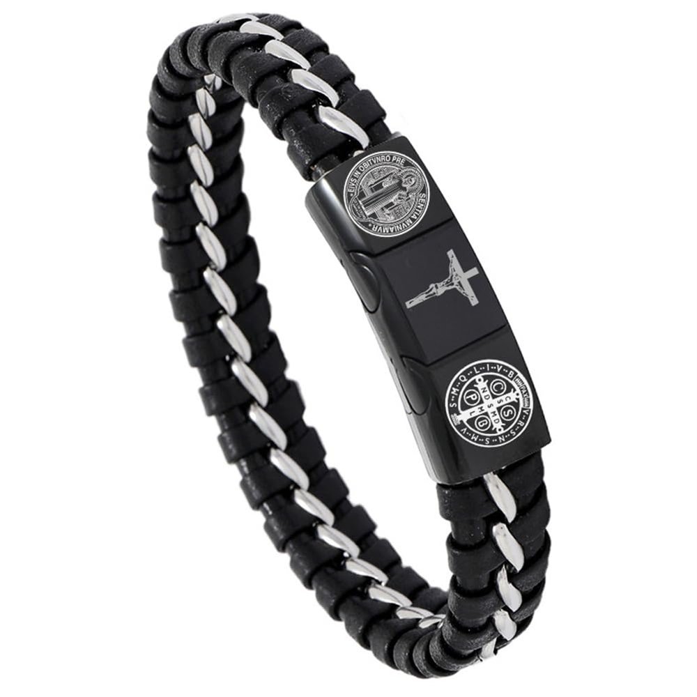 YLYYJ St. Benedict Crucifix Bracelet, 8'' / 8.8'', Handmade Religious Jewelry for Men, Cuff Bracelet with Exorcism Design, Stainless Steel, Black