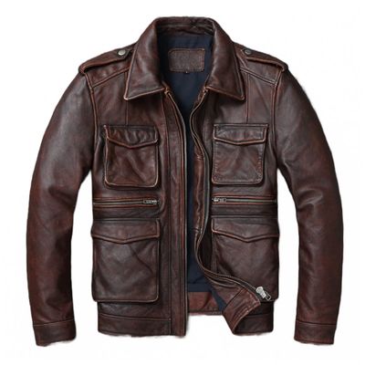 Couro Hide Men's leather jacket bomber cowhide coat Classic vintage leather cloth natural for men (US, Alpha, Small, Regular, Regular, Brown)