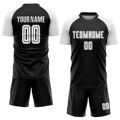 Custom Soccer Jerseys Sets Black White Personalized Uniforms for Unisex Youth Adults with Team Name Number Print, Design Your Own Football T-Shirts and Shorts Sports Outfit