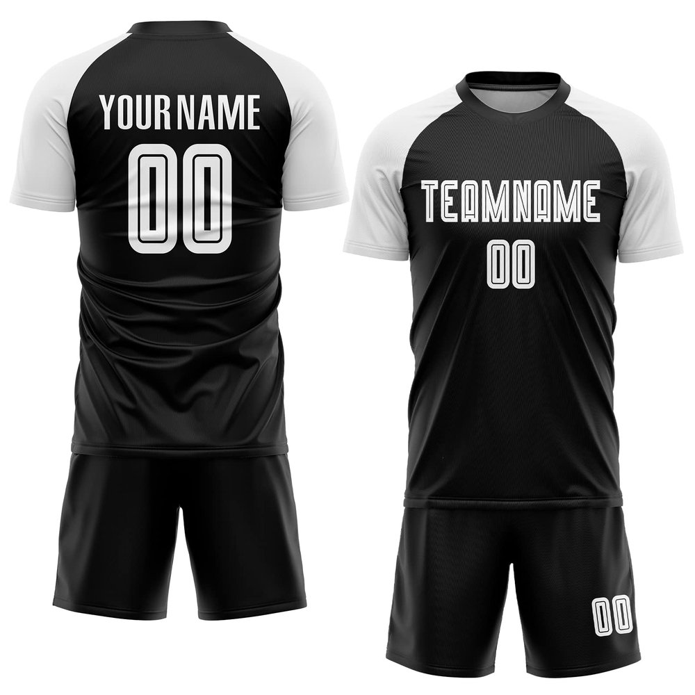 Custom Soccer Jerseys Sets Black White Personalized Uniforms for Unisex Youth Adults with Team Name Number Print, Design Your Own Football T-Shirts and Shorts Sports Outfit