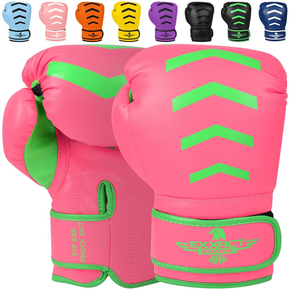 Exxact Sports Knockout Youth Boxing Gloves for Kids (3-15 Years) with Padded Protection and Wrist Support, Durable Engineered Leather Kids Boxing Gloves for Sparring (Pink/Green, 6 OZ)