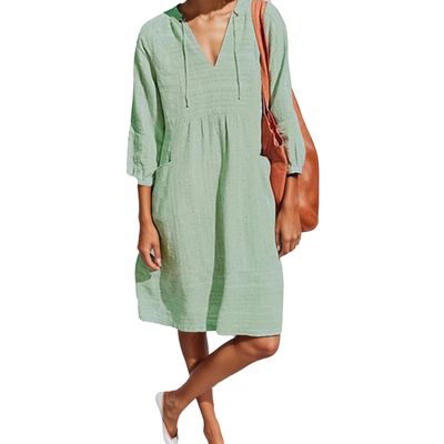 Akivide Women V Neck Cotton Linen Midi Dress Summer Casual Half Sleeve Drawstring Beach Flowy Plus Size Tshirt Tunic Dress with Pocket