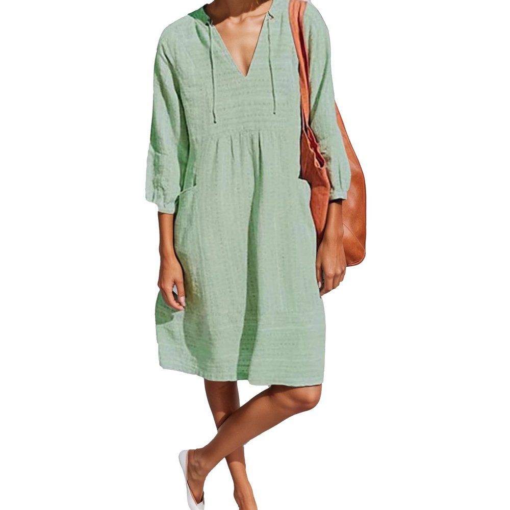 Akivide Women V Neck Cotton Linen Midi Dress Summer Casual Half Sleeve Drawstring Beach Flowy Plus Size Tshirt Tunic Dress with Pocket