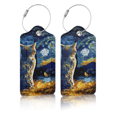 2 Pack Luggage Tag for Suitcases, Starry Sky Cat Leather Baggage Tags Privacy Cover ID Label for Women Men Travel