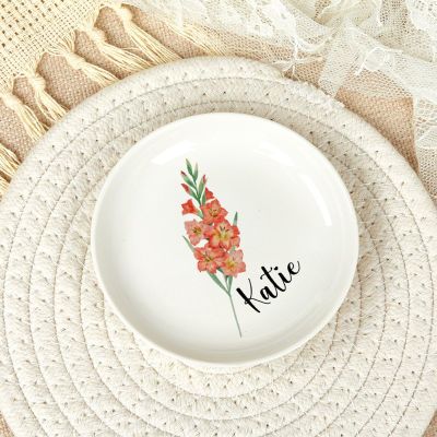 August Gladiolus Birth Flower Jewelry Tray Ring Dish with Name Personalized Ceramic Ring Holder Trinket Tray Custom Birthday Wedding Anniversary Bridal Engagement Xmas Gift for Women 4"