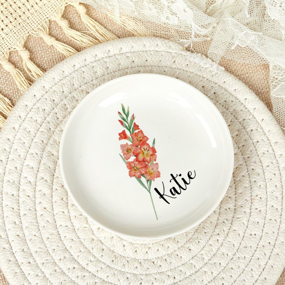 August Gladiolus Birth Flower Jewelry Tray Ring Dish with Name Personalized Ceramic Ring Holder Trinket Tray Custom Birthday Wedding Anniversary Bridal Engagement Xmas Gift for Women 4"
