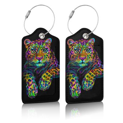 2 Pack Luggage Tag for Suitcases, Cool Leopard Cheetah Leather Baggage Tags Privacy Cover ID Label for Women Men Travel