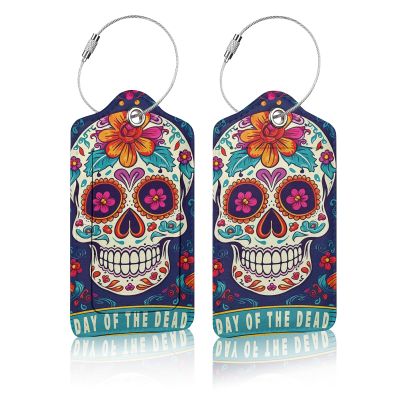 2 Pack Luggage Tag for Suitcases, Halloween Sugar Skull Mexican Flower Leather Baggage Tags Privacy Cover ID Label for Women Men Travel