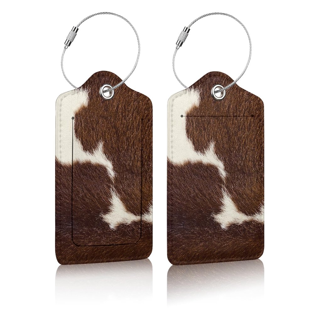 2 Pack Luggage Tag for Suitcases, Cow Hide Brown Leather Baggage Tags Privacy Cover ID Label for Women Men Travel