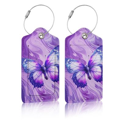 2 Pack Luggage Tag for Suitcases, Butterfly Purple Marble Leather Baggage Tags Privacy Cover ID Label for Women Men Travel