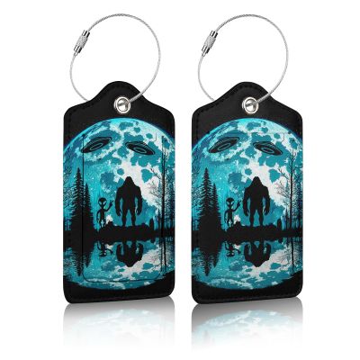 2 Pack Luggage Tag for Suitcases, Bigfoot and Alien Moon Leather Baggage Tags Privacy Cover ID Label for Women Men Travel