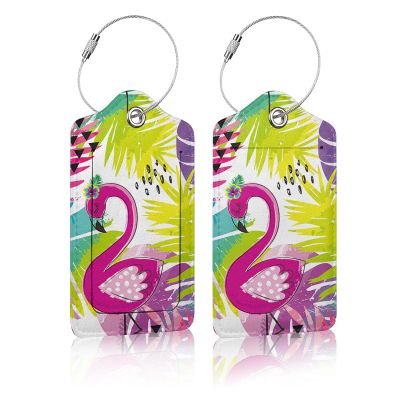 2 Pack Luggage Tag for Suitcases, Flamingo Tropical Plam Leather Baggage Tags Privacy Cover ID Label for Women Men Travel