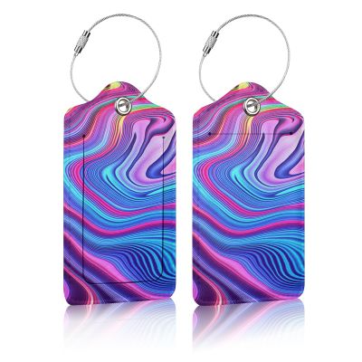 2 Pack Luggage Tag for Suitcases, Blue Purple Abstract Art Leather Baggage Tags Privacy Cover ID Label for Women Men Travel