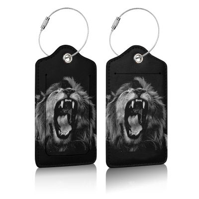 2 Pack Luggage Tag for Suitcases, Lion Leather Baggage Tags Privacy Cover ID Label for Women Men Travel