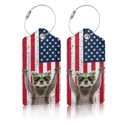 2 Pack Luggage Tag for Suitcases, American Flag Raccoon Leather Baggage Tags Privacy Cover ID Label for Women Men Travel