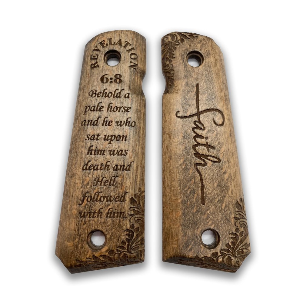 ZIB Grips for 1911: Full Size Wooden Handgun Grips with Bible Verses Series - Fits a Wide Range of 1911 Models - 1911 Accessories (Briarsmoke, Revelation 6-8)