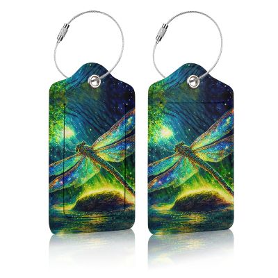 2 Pack Luggage Tag for Suitcases, Dragonfly Leather Baggage Tags Privacy Cover ID Label for Women Men Travel