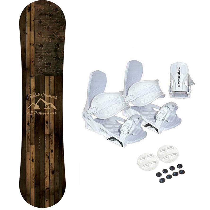 Symbolic Freedom USA Snowboard and Bindings Package with Leash & Stomp Men Women Kids Regular-Wide (130cm/XS WHT Binding(Kid 1-6))