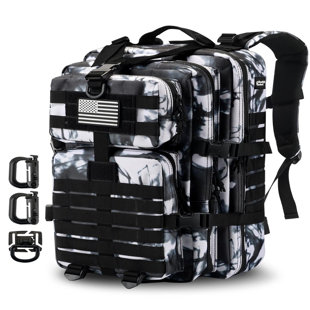 Hannibal Tactical MOLLE Assault Backpack, Tactical Backpack Military Army Camping Rucksack, 3-Day Pack Trip w/USA Flag Patch, D-Rings, Black White camo