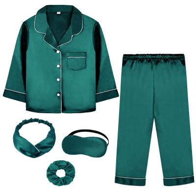 ALHAVONE Kids Girl Pajama Set with Headband Blindfold Hair Tie Toddler Boy Girl Satin Silky Button-up Pajama Sleepwear (Deep green-long, 160)