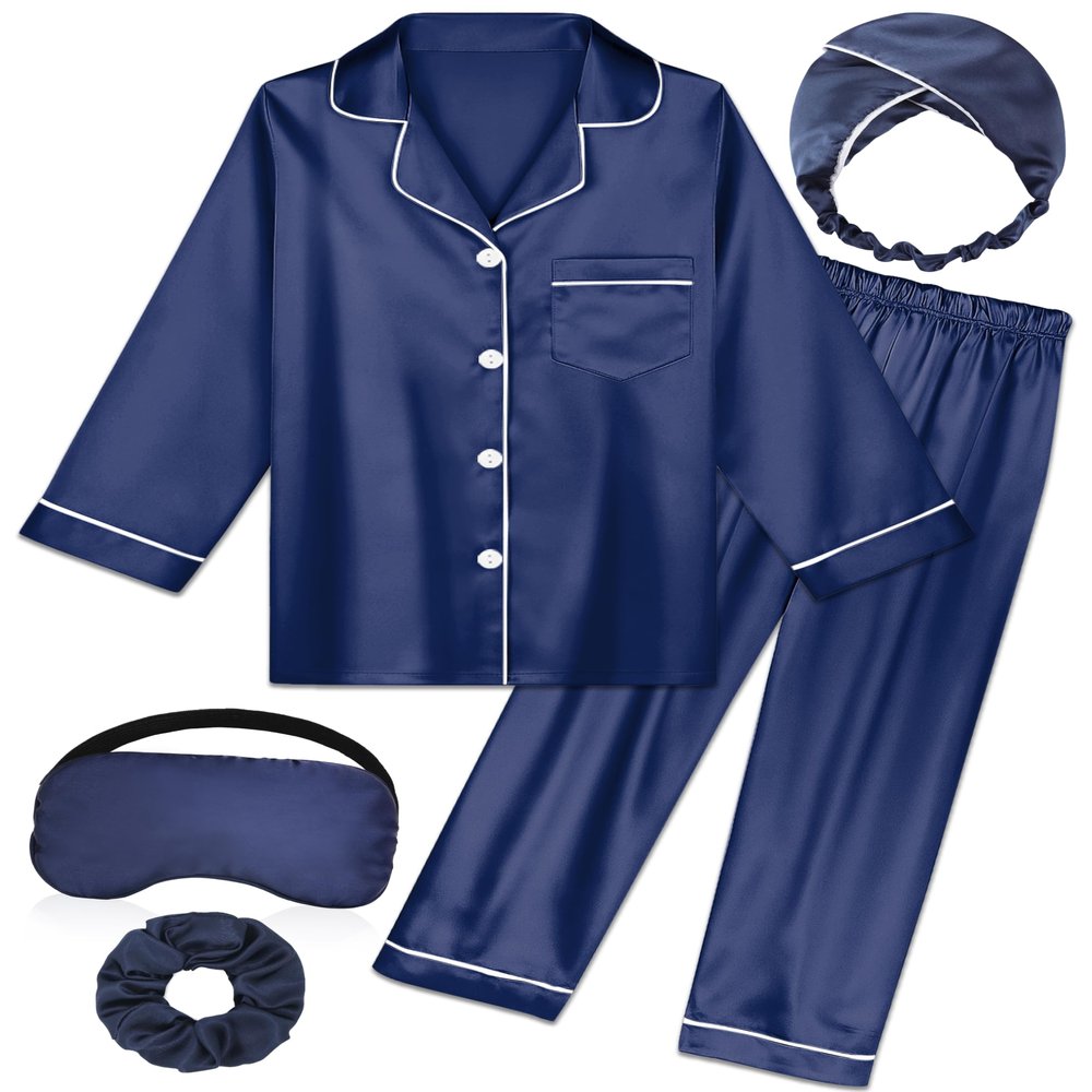 ALHAVONE Kids Girl Pajama Set with Headband Blindfold Hair Tie Toddler Boy Girl Satin Silky Button-up Pajama Sleepwear (Navy-long, 130)