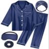 ALHAVONE Kids Girl Pajama Set with Headband Blindfold Hair Tie Toddler Boy Girl Satin Silky Button-up Pajama Sleepwear (Navy-long, 130) view 1