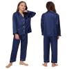 ALHAVONE Kids Girl Pajama Set with Headband Blindfold Hair Tie Toddler Boy Girl Satin Silky Button-up Pajama Sleepwear (Navy-long, 130) view 2
