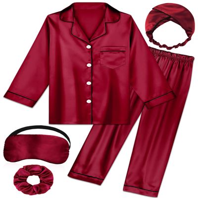 ALHAVONE Kids Girl Pajama Set with Headband Blindfold Hair Tie Toddler Boy Girl Satin Silky Button-up Pajama Sleepwear (Burgundy-long, 160)