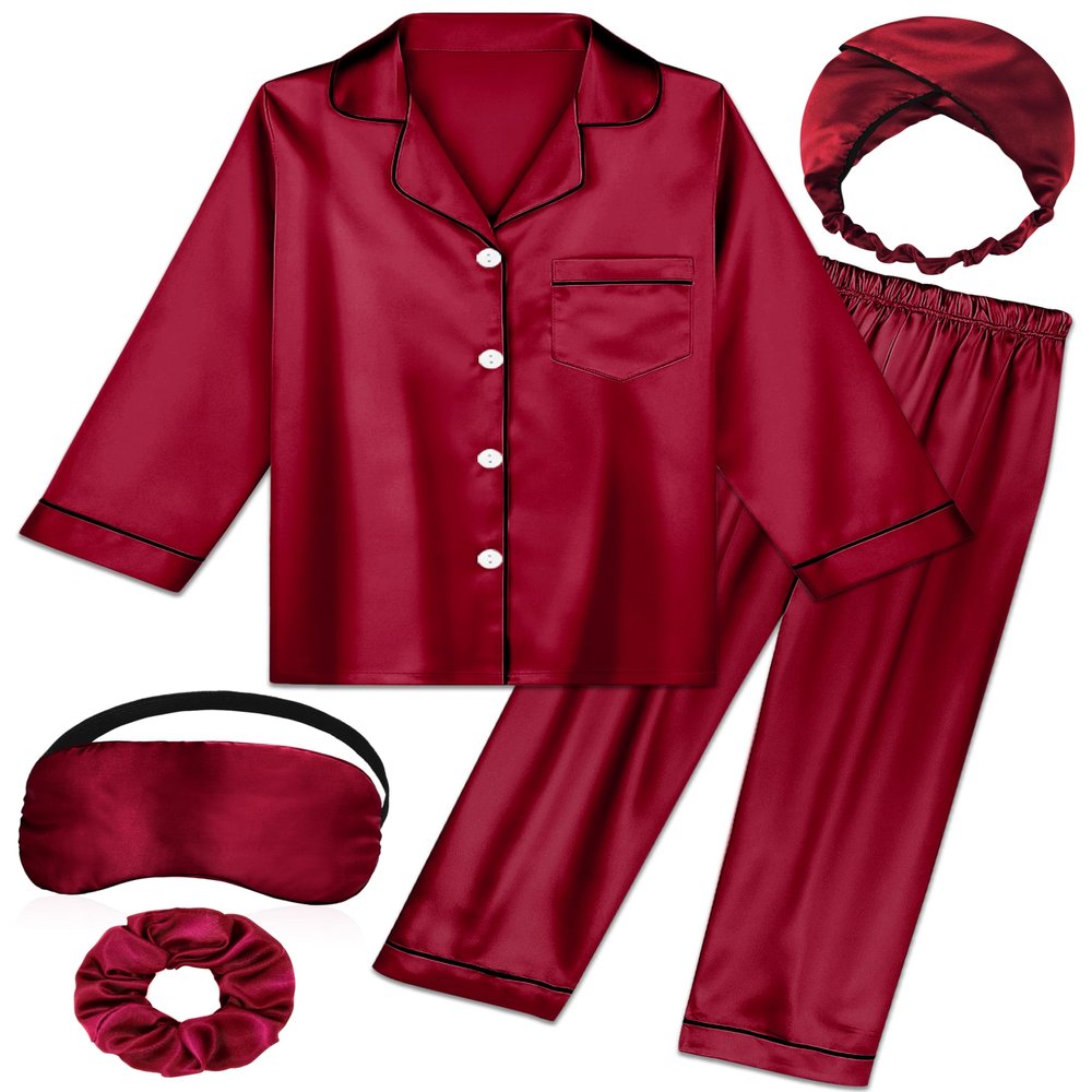 ALHAVONE Kids Girl Pajama Set with Headband Blindfold Hair Tie Toddler Boy Girl Satin Silky Button-up Pajama Sleepwear (Burgundy-long, 160)