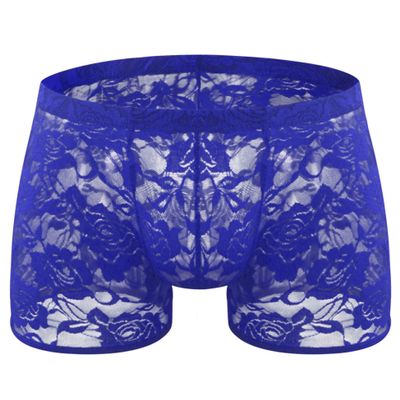 BreakEgg Men's Lace Boxers Underwear Seamless Lace Design with Low Waist Sexy and Comfortable Mens Under Panties (Dark Blue,One Size)