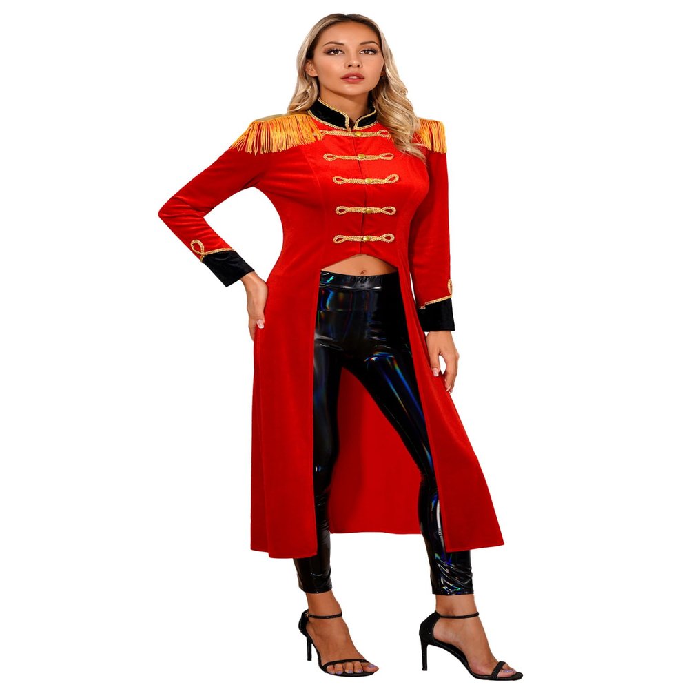 Hansber Women's Circus Ringmaster Costume Tassel Button Jacket Lion Tamer Costume Halloween Cosplay Fancy Dress Long Tailcoat X-Large