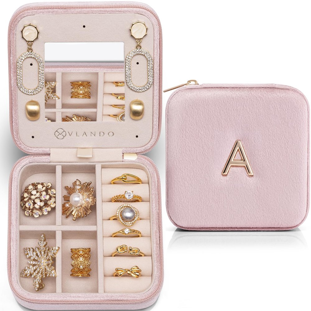 Vlando Valentines Day Gifts for Her, Travel Jewelry Case for Women, A Initial Jewelry Case, Mini Jewelry Travel Organizer Travel Essentials for Travel Gift Teen Girls - Letter A, Pink