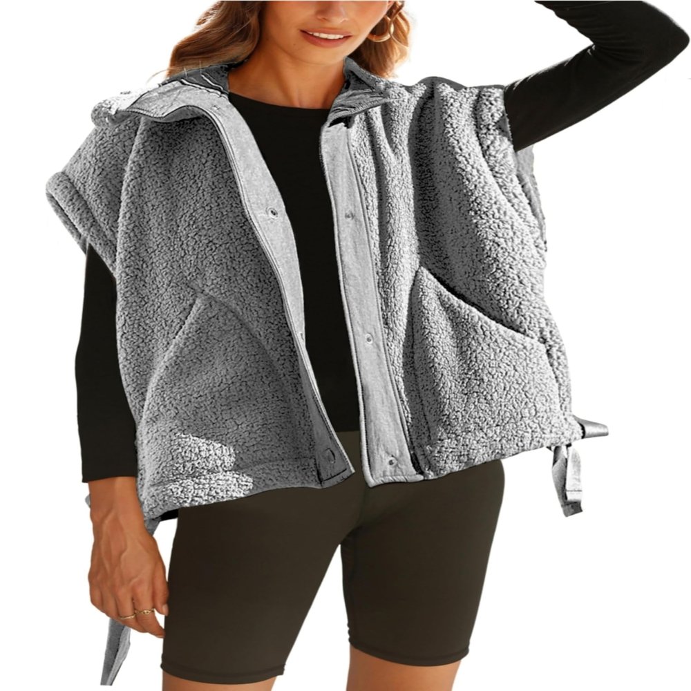 GTLIAE Womens Sherpa Fleece Vest Oversized Sleeveless Jacket Casual Outerwear Gilet with Pockets(Grey-L)