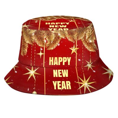 Happy New Year Bucket Hats Fashion Sun Cap Packable Outdoor New Year Xmas Fisherman Hat for Women and Men