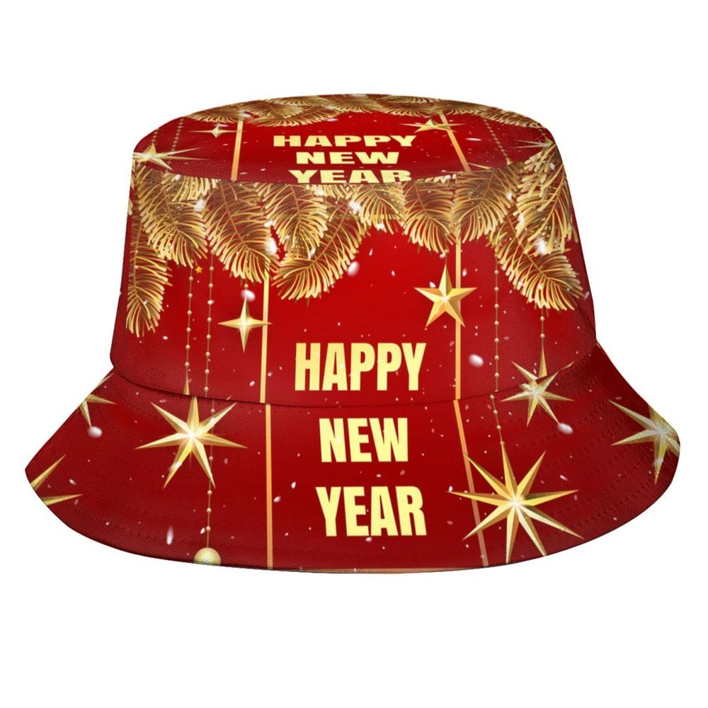Happy New Year Bucket Hats Fashion Sun Cap Packable Outdoor New Year Xmas Fisherman Hat for Women and Men
