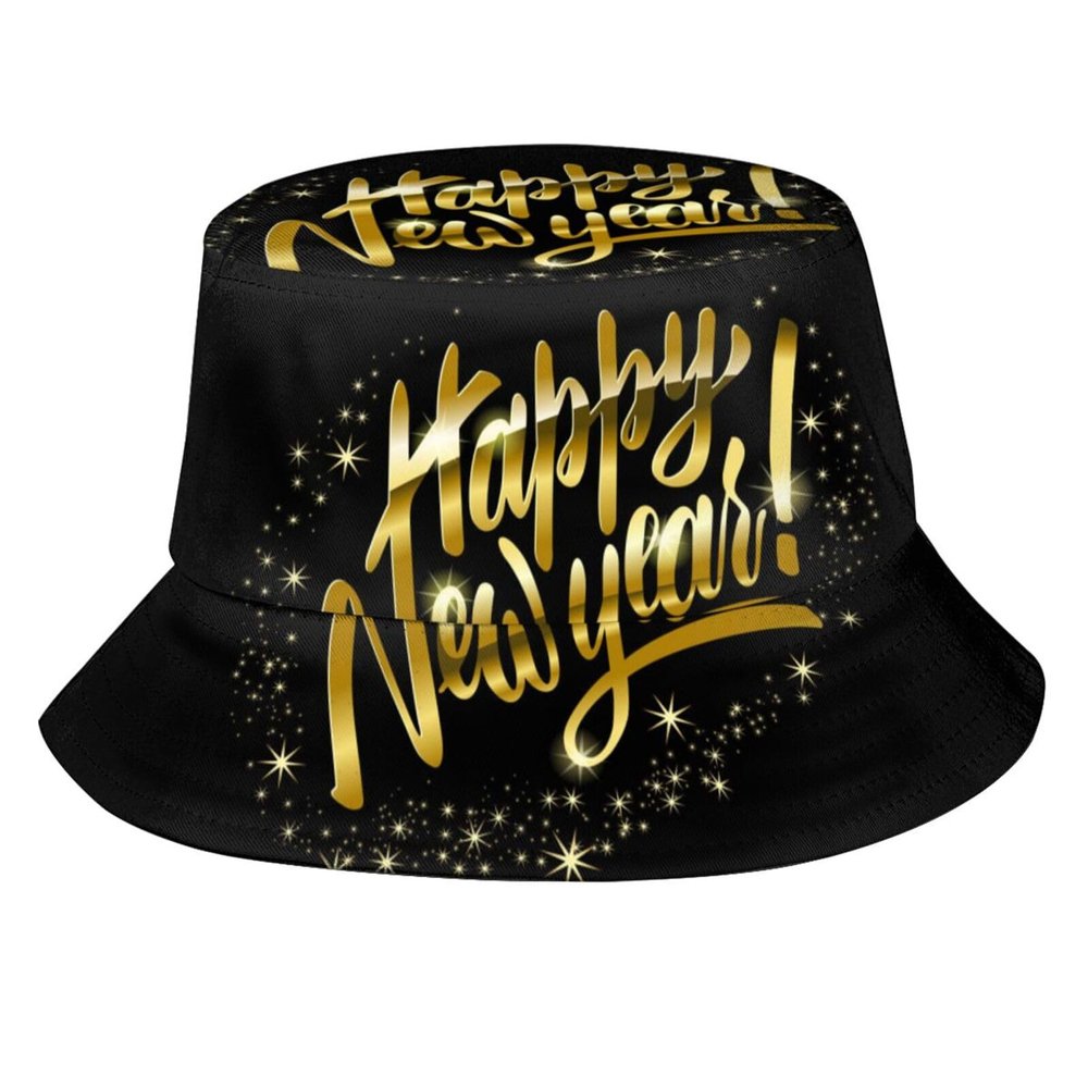 Happy New Year Bucket Hat Fisherman Hat Beach Travel Sun Hat Outdoor New Year Cap for Adults Men Women