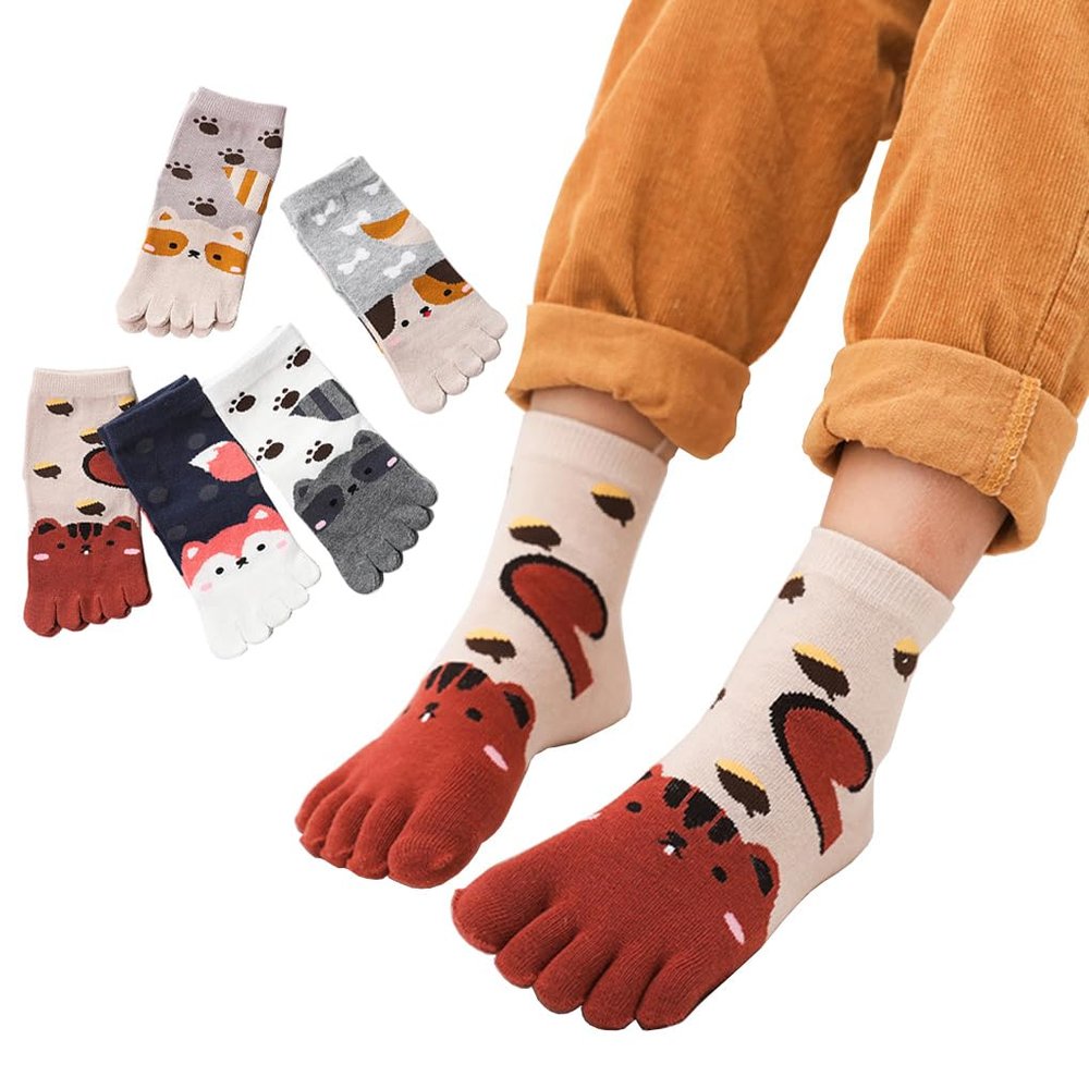 Antcher 5 Pairs Children's Five Finger Cotton Socks Cartoon Animal Toe Socks Boys Girls Breathable Toe Socks 3-12 Years Old (US, Age, 3 Years, 6 Years)