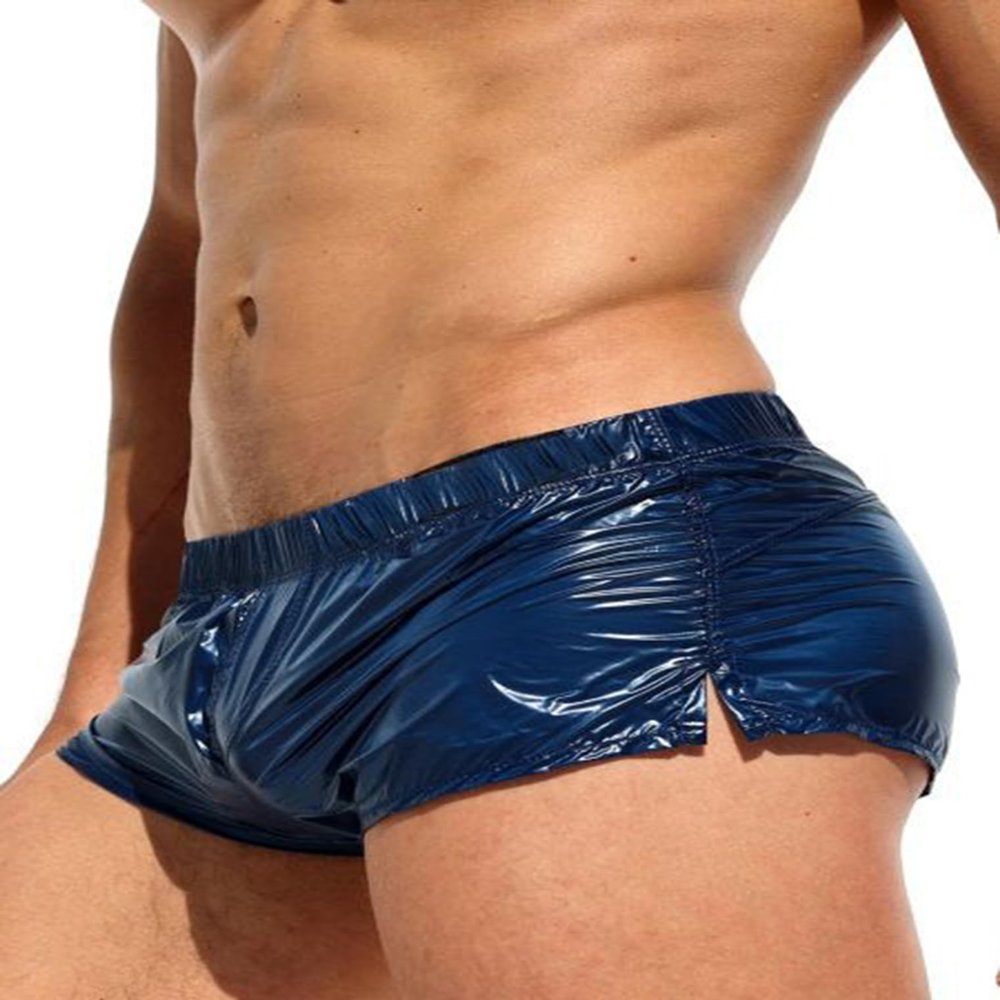 Freebily Men's Shiny Metallic Shorts Low Rise Work Out Clubwear Party Elastic Waistband Shorts Navy Blue Medium